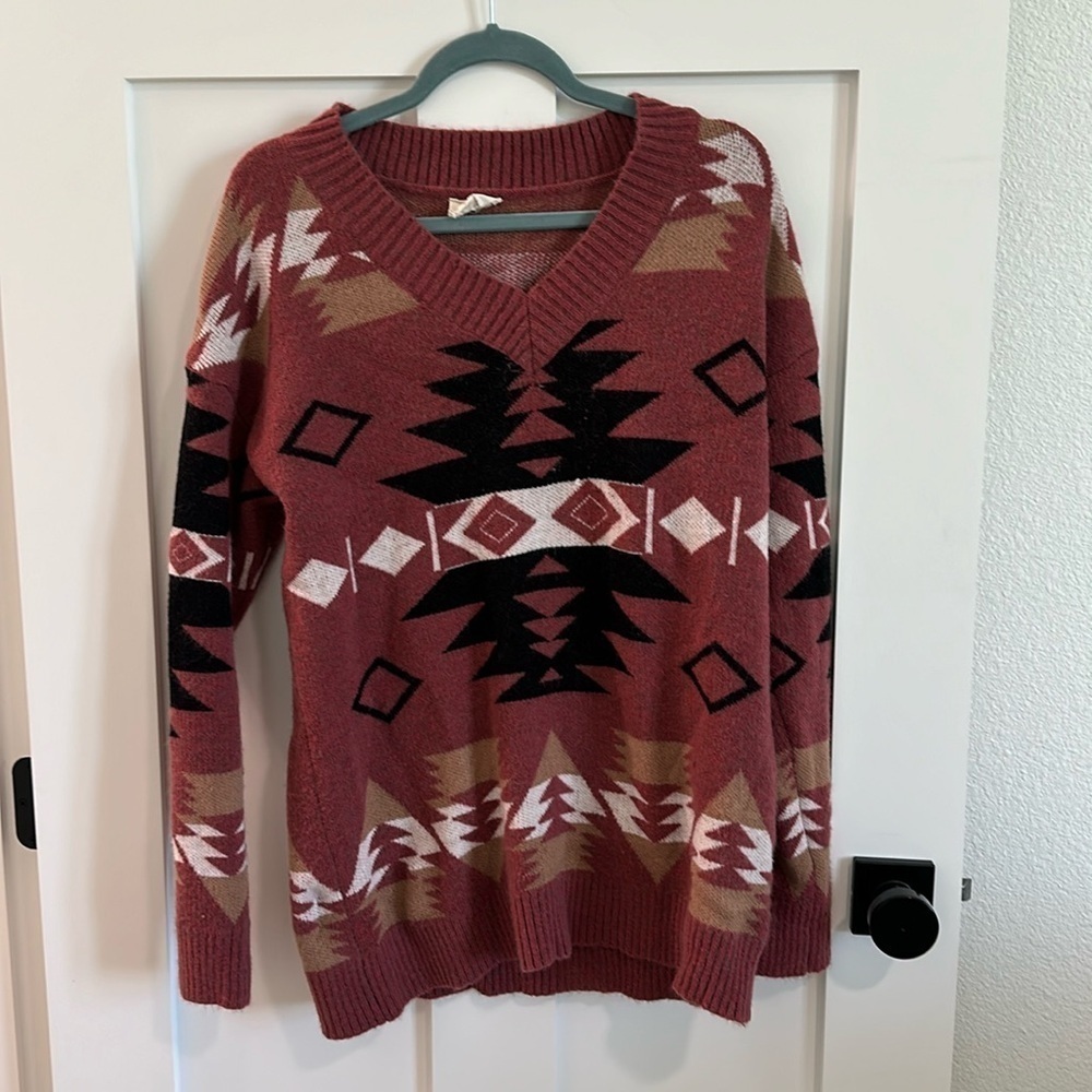 Bibi Women's S Southwestern Print V-Neck Pullover Sweater Rust Desert Earthtomes